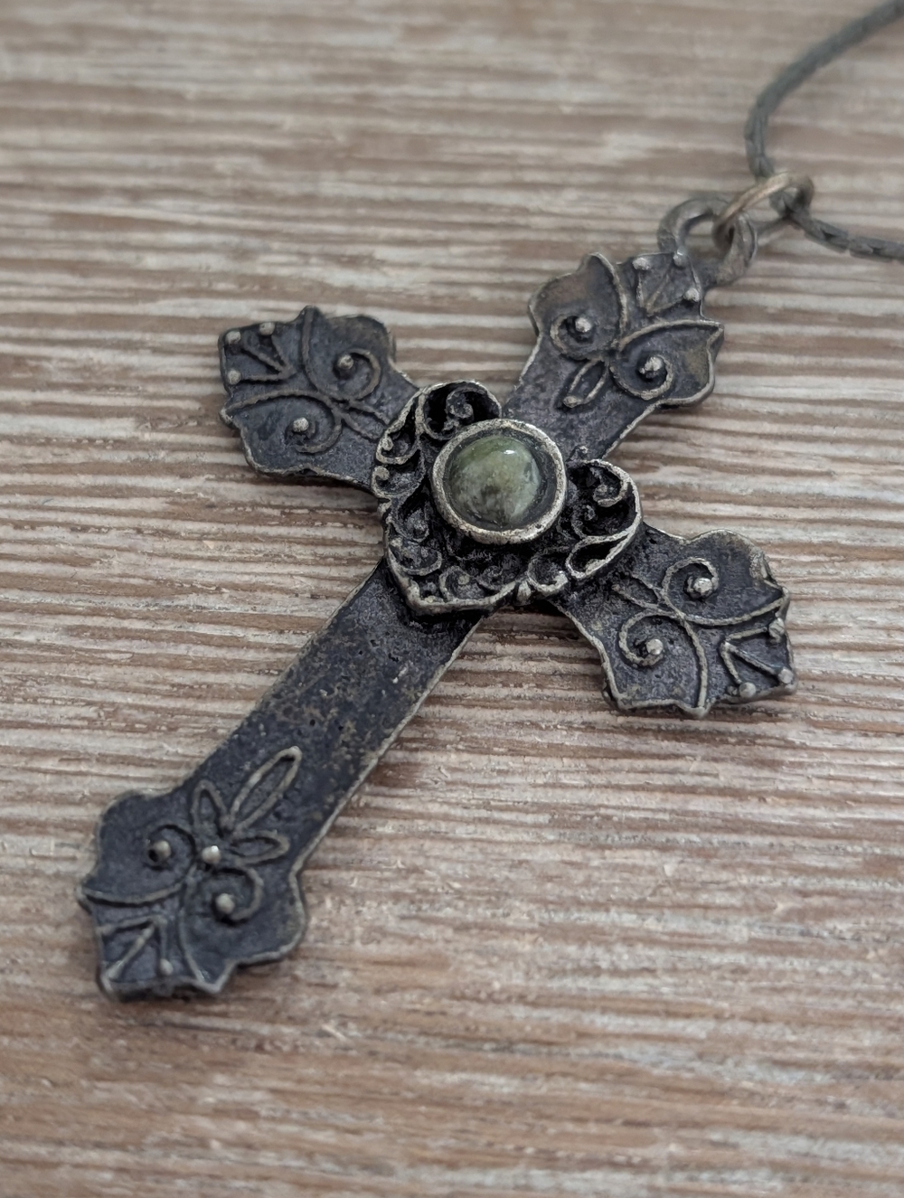 Gothic Metal Cross Necklace With Green Stone